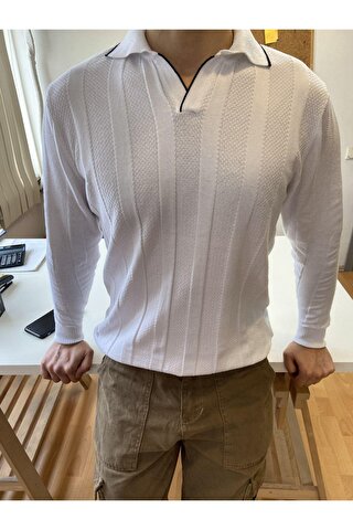 Tarz Cool Erkek Kalın Şeritli Polo Yaka Triko T-Shirt