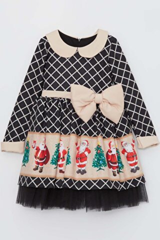 Riccotarz Kız Çocuk Bebe Yaka Noel Baba Baskılı Kareli Siyah Elbise