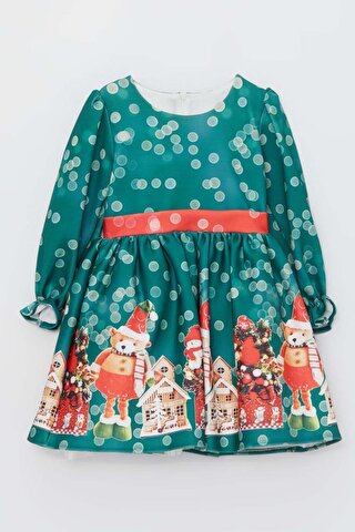 Riccotarz Kız Çocuk Puantiyeli Ayıcıklı Noel Baskılı Yeşil Elbise