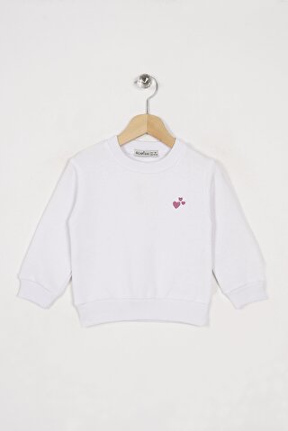 Zepkids Kız Çocuk Beyaz Renkli Kalp Nakışlı Şardonlu Sweatshirt