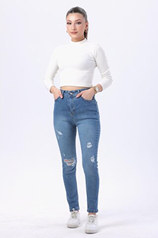 TOFİSA Düz Orta Kadın Mavi Likralı Skinny Jean Pantolon - 23812