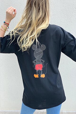 Trendseninle Kadın Siyah Sırt Baskılı Mickey Mouse T-shirt