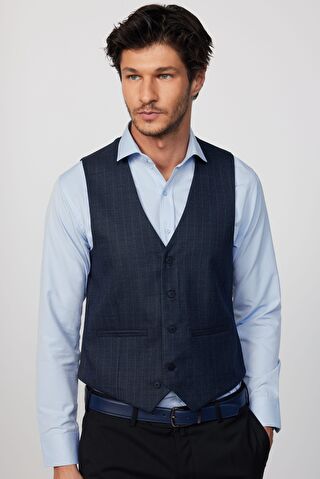 TUDORS Slim Fit Dar Kesim Fleto Cep 4 Mevsim Çizgili Lacivert Erkek Yelek