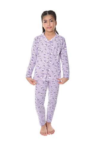 LITTLE FROG KIDS Pamuklu Uzun Kollu Düğmeli Gömlek Yaka Desenli Düz Paça Kız Çocuk Pijama Takım