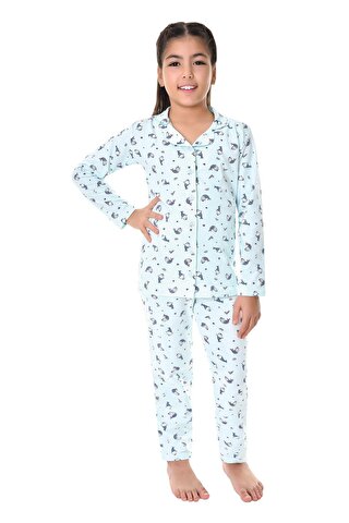 LITTLE FROG KIDS Pamuklu Uzun Kollu Düğmeli Gömlek Yaka Desenli Düz Paça Kız Çocuk Pijama Takım