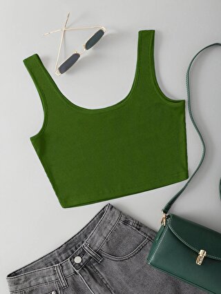 Trendseninle Kadın Çimen Yeşili Askılı Crop Top Bluz