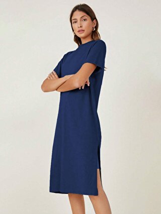 Trendseninle Kadın Lacivert %100 Pamuk Yırtmaçlı Basic Elbise