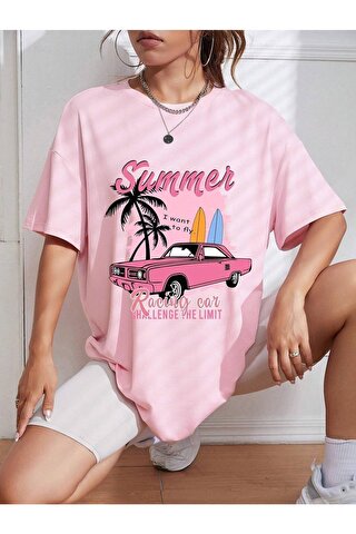 Trendseninle Kadın Pembe Summer Racing Car Baskılı Oversize T-shirt