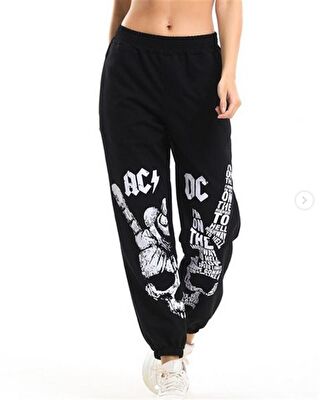 Touz Moda Rock Serisi AC/DC Baskılı Oversize Unisex Siyah Eşofman Altı