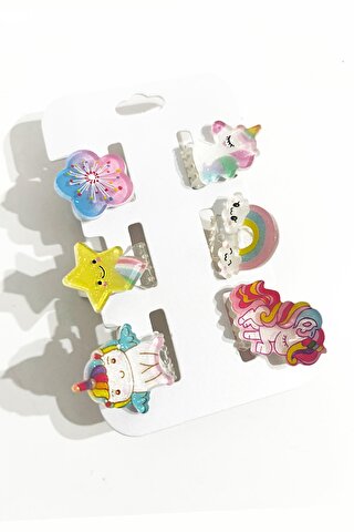 New Obsessions Cuties Unicorn Gökkuşağı Yıldız Figürlü Mini Asetat Mandal Toka 6'lı Paket