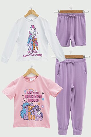 For You Kids 4'lü My Little Ponny Tshirt Şort Pantolon Lila Takım