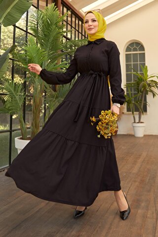 TOFİSA Düz Gömlek Yaka Kadın Siyah Elbise - 11492