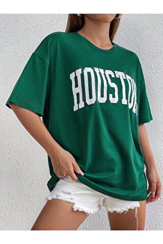 Trendseninle Kadın Nefti Yeşili Houston Baskılı Oversize T-shirt