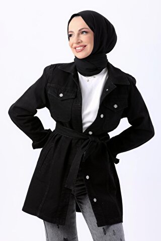 TOFİSA Düz Gömlek Yaka Kadın Siyah Kot Ceket - 23625