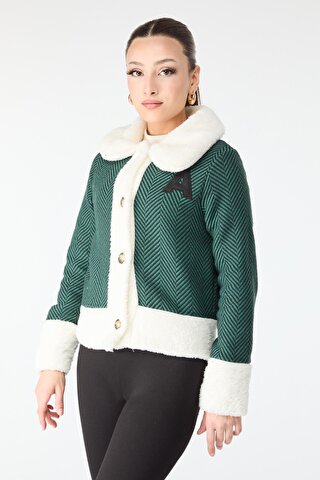TOFİSA Düz Gömlek Yaka Kadın Yeşil Baskılı Peluş Ceket - 13096
