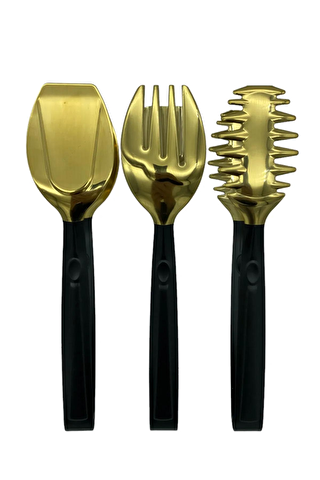 Kitchen Design Lab Lüks 3 Parça Gold Siyah Paslanmaz Çelik Makarna, Salata, Pasta Maşa Seti Paslanmaz Çelik