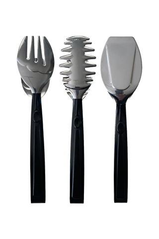 Kitchen Design Lab Gümüş Siyah Paslanmaz Çelik Makarna, Salata, Pasta Maşası Seti, Paslanmaz Çelik Maşa Seti