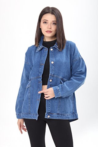 TOFİSA Düz Gömlek Yaka Kadın Mavi Yakası Taş Detaylı Ceket - 23622