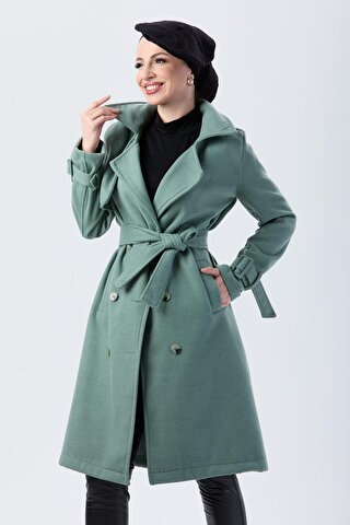 TOFİSA Düz Ceket Yaka Kadın Yeşil Kaşe Kaban - 23641