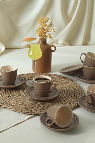 Keramika Mat Toprak Taupe / Krem Neva Kahve Takımı 12 Parça 6 Kişilik