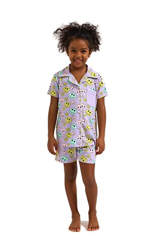 Katia And Bony Kız Çocuk Lila Renkli Gülen Yüz Desenli Şortlu Pijama Takımı