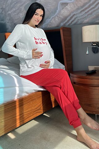 For You Mama Hello Baby Baskılı Hamile Uzun Kol Ekru Pijama Takımı