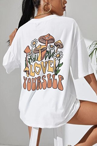 Trendseninle Kadın Beyaz Love Yourself Baskılı Oversize T-shirt