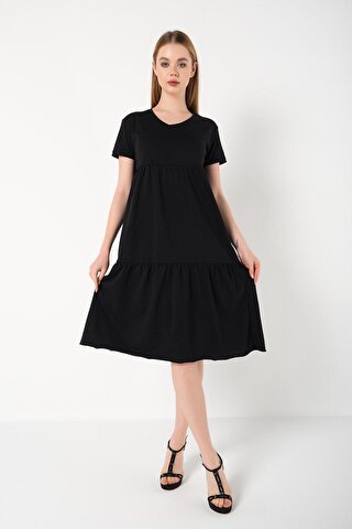 Trendseninle Kadın Siyah Geniş Kesim V Yaka Maxi Elbise