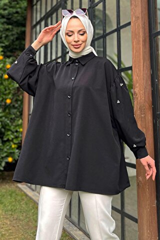 TOFİSA Düz Gömlek Yaka Kadın Siyah Tunik - 13022