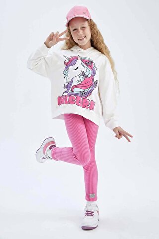 Riccotarz Kız Çocuk Unicorn Baskılı Kapüşonlu Sweatshirt ve Fitilli Pembe Taytlı Takım