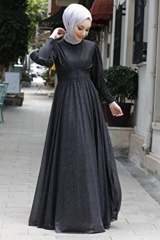 TOFİSA Düz Orta Kadın Siyah Abiye Elbise - 11003