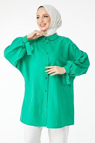 TOFİSA Düz Gömlek Yaka Kadın Yeşil Salaş Kolu Bağcık Detaylı Gömlek - 24455