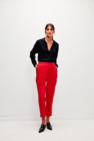 MUNİ MUNİ Düz Renk Beli Lastikli Klasik Pantolon-Kırmızı