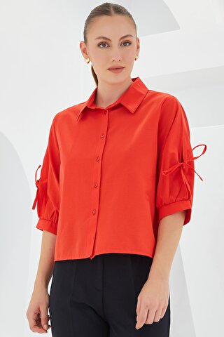Bigdart Kadın Kol Detaylı Kırmızı Crop Gömlek 20246