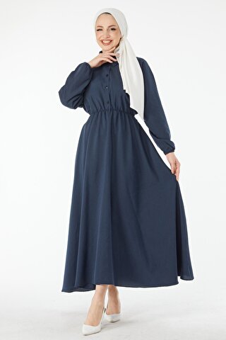 TOFİSA Düz Gömlek Yaka Kadın Lacivert Beli Lastikli Elbise - 24526