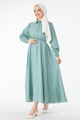 TOFİSA Düz Gömlek Yaka Kadın Yeşil Beli Lastikli Elbise - 24526