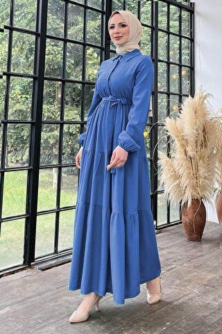 TOFİSA Düz Gömlek Yaka Kadın Mavi Elbise - 11492