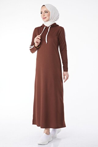 TOFİSA Düz Kapşonlu Yaka Kadın Kahverengi Elbise - 13040
