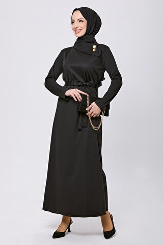 TOFİSA Düz Kruvaze Yaka Kadın Siyah Elbise - 13080