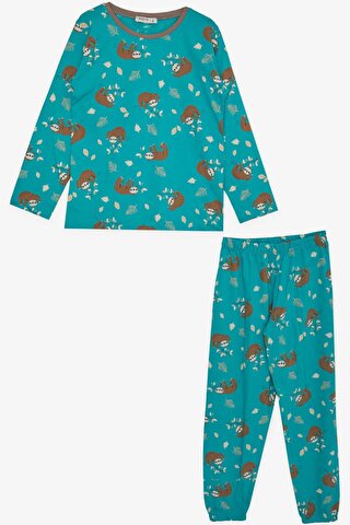 Breeze Kız Çocuk Pijama Takımı Tembel Hayvancık Desenli Yeşil (5-9 Yaş)