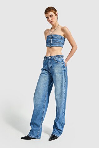 it's basic Kadın Mavi Renk Belden Ayarlı Kemer Süper Uzun Bol Kesim Jean