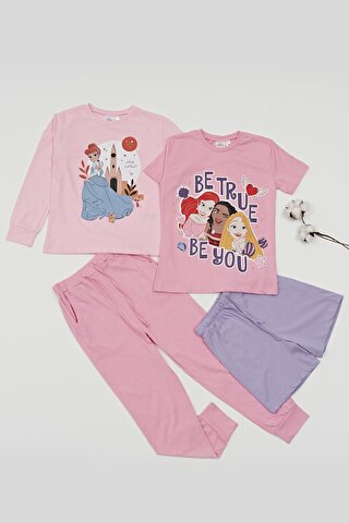 For You Kids 4'lü Disney Princess Baskılı Tshirt Şort Pantolon Takım