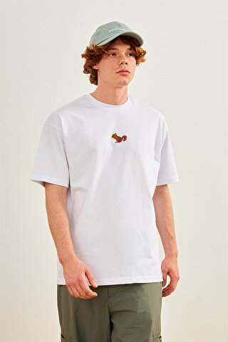 DANGER Erkek Sincap Nakışlı Oversize T-shirt Beyaz