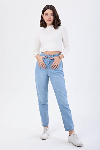 TOFİSA Düz Orta Kadın Mavi Yüksek Bel Mom Jeans - 23668