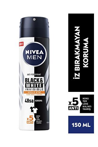 Nivea Men Erkek Sprey Deodorant Black&White Invisible Güçlü Etki 48 Saat Anti-Perspirant Koruma 150 ml