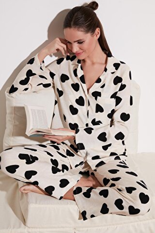 Lela Desenli Beli Lastikli Cep Detaylı Gömlek Yaka Dokuma Pijama Takımı Kadın PİJAMA 6110116