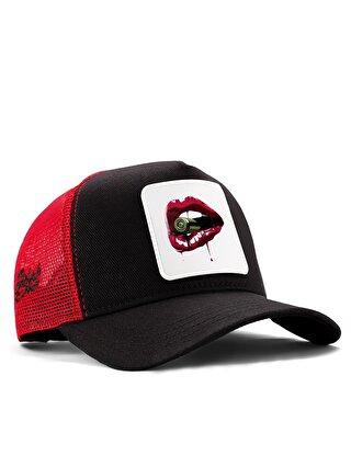 BlackBörk V1 Trucker Dudak - 1 Kod Logolu Unisex Siyah-Kırmızı Şapka (Cap)