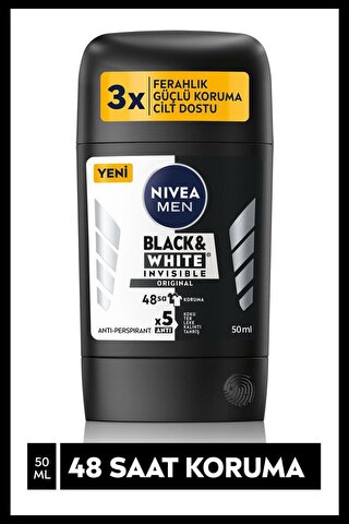 Nivea Men Erkek Stick Deodorant Black&White Invisible Original, 48 Saat Anti-Perspirant Koruma, 50 ml