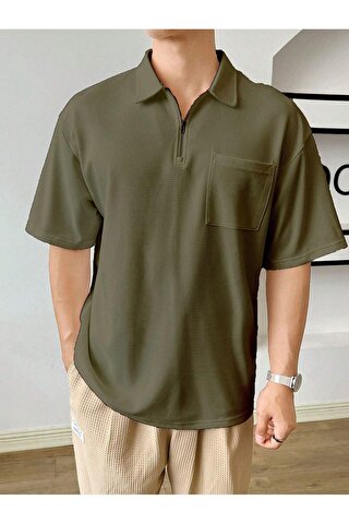 GENIUS STORE Erkek Oversize Polo Yaka Waffle T-Shirt POLOYAKA-FERMUARLI