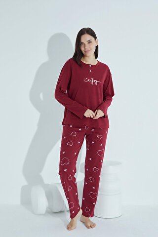 TAMPAP Kadın Düğmeli Desenli Pijama Takımı Yazılı 956